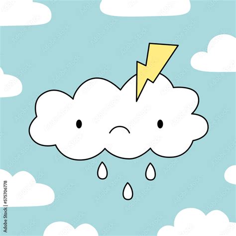 Sad cloud with lightning and rain cartoon character. Groovy sticker in ...