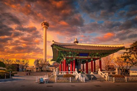 Premium Photo | View of busan tower during sunset in busan