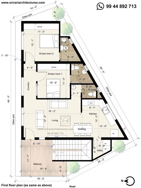 West facing floor plan Irregular plot Planos arquitectónicos de