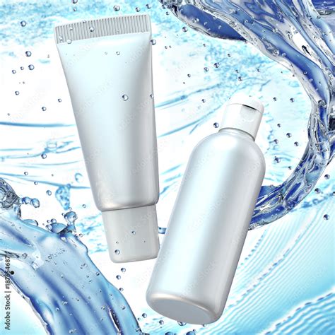 cream bottle mock   water splash  blue bokeh background stock