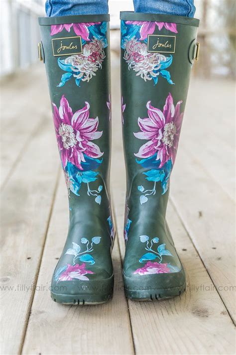 Joules Olive Blue And Pink Floral Printed Tall Rain Boots