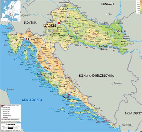 Large physical map of Croatia with roads, cities and airports | Croatia | Europe | Mapsland ...