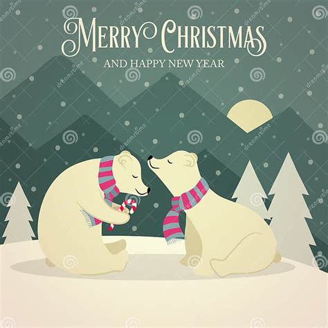 Beautiful Retro Christmas Card With Polar Bears Couple Stock Vector