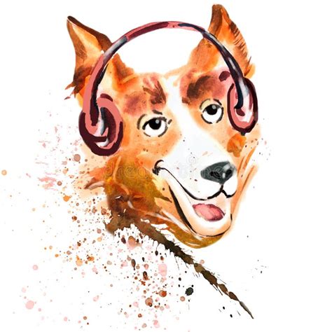 Watercolor Close Up Portrait of a Dog in Headphones Stock Illustration ...