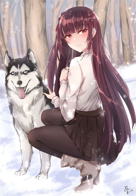 Anime girl WA2000 with a dog (Siberian Husky) [Artist: Zhishi ge fangzhang] - Girls' Frontline ...