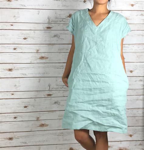 V Neck Linen Dress Shift Dress All Season Dress Washed Etsy