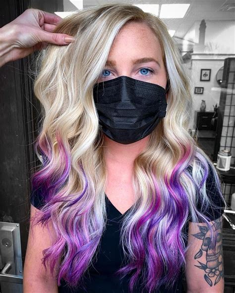 Purple Highlights Blonde Hair Purple Brown Hair Pink Blonde Hair Purple Balayage Blonde With