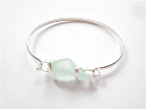 Sea Glass Bracelet Silver Plated Bangle With Sea Foam Sea Glass Piece Beach Glass Bangle Beach