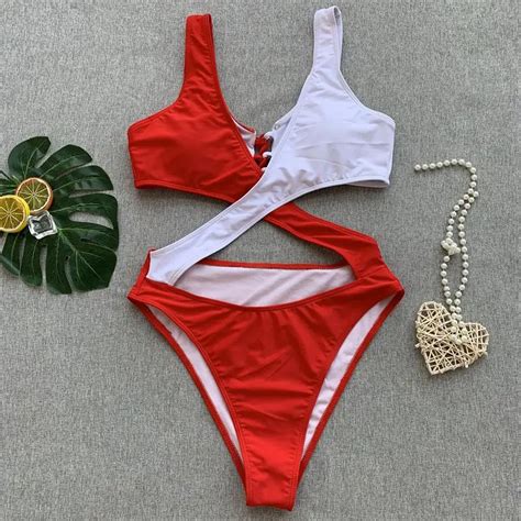 Sexy Bandage Cut Out One Piece Swimsuit Women Swimwear Splicing