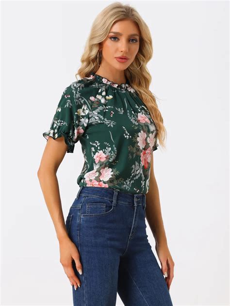 Allegra K Floral Short Sleeve Ruffle Neck Blouse Reitmans