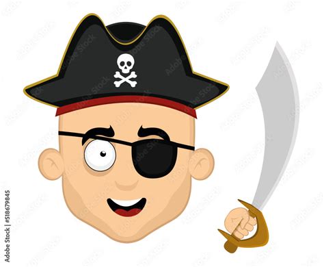 Vector illustration of the face of a cartoon pirate with a hat, eye ...