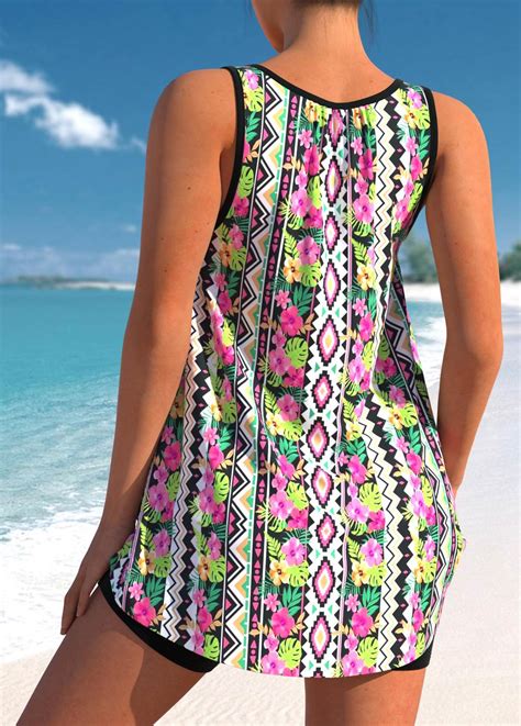 Floral Geometric Print Multi Color Tankini Top Usd 39 98