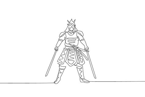 Um único desenho de linha de um jovem guerreiro samurai japonês