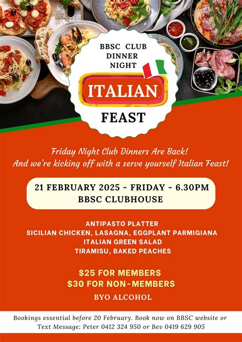 BBSC Italian Feast Dinner – Friday, 21 February, 6.30PM – Batemans Bay