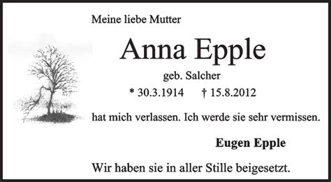 Traueranzeigen Von Anna Epple Stuttgart Gedenkt De