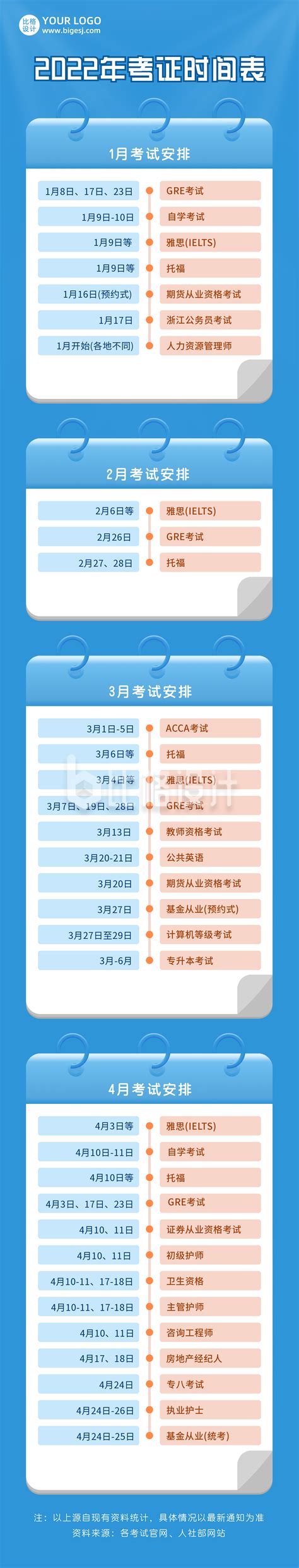 2022年考试时间表考证日历安排蓝色长图海报 比格设计