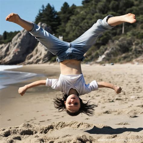 Dafne Keen Doing Backflip At Beach Prompts Stable Diffusion Online