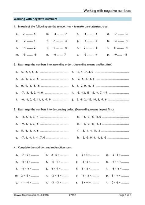 Numeracy Negative Numbers Worksheet Uk Worksheets