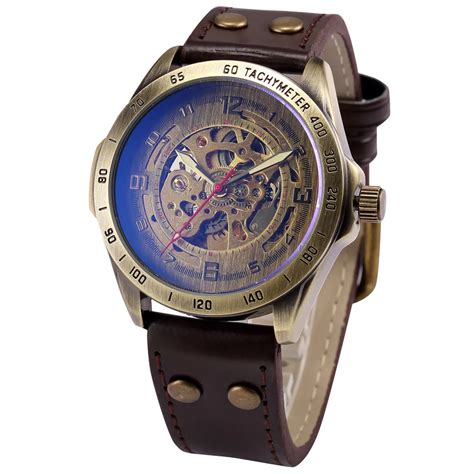 Shenhua Men Retro Bronze Case Male Wristwatch Skeleton Mechanical Watch