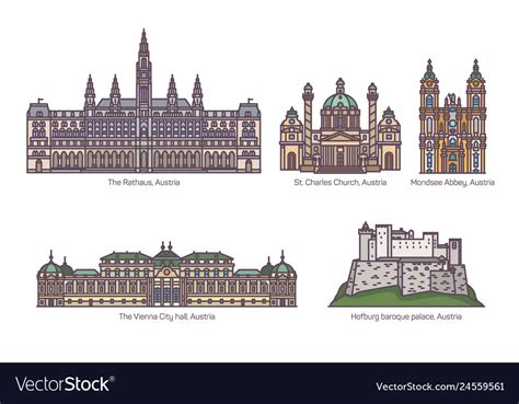 Set isolated austria landmarks in color Royalty Free Vector