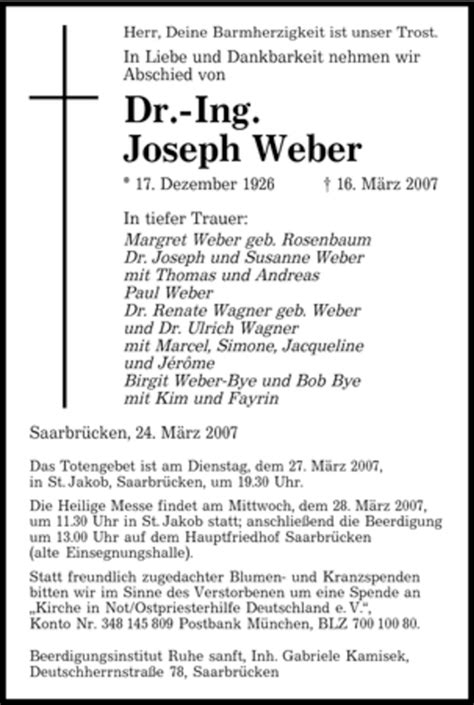 Traueranzeigen Von Joseph Weber Saarbruecker Zeitung Trauer De