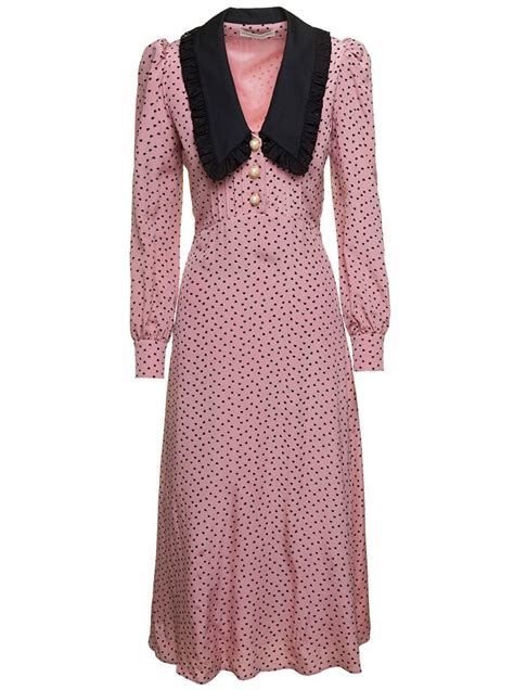 Alessandra Rich Pink Midi Dress With Heart Print And Oversized Collar