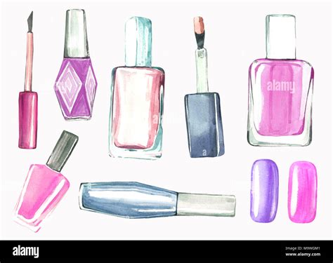 Watercolor illustration of nail polish in pink and purple tones ...