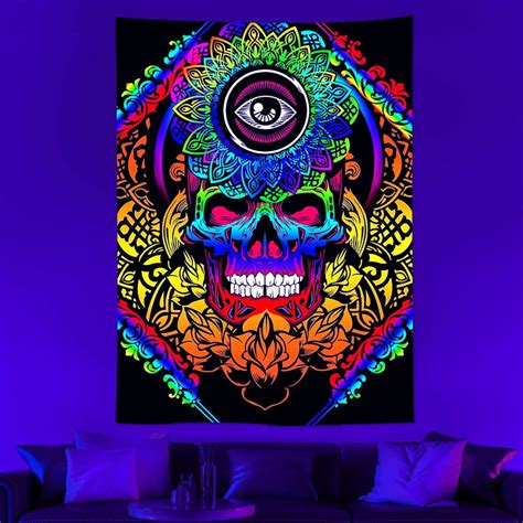 Yipa Halloween Blacklight Tapestry UV Reactive Trippy Tapestry Skull