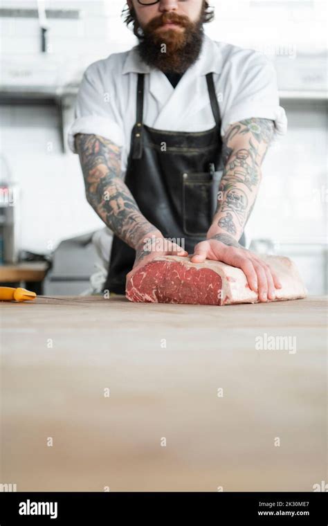 Meat Being Prepared By Butcher Stock Photo Alamy