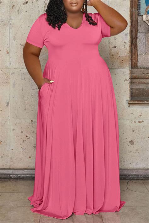 Wholesale Rose Red Casual Solid Patchwork V Neck Straight Plus Size Dresses Ws58364 5 Wholesale21