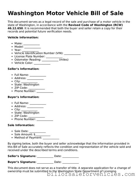 Valid Washington Motor Vehicle Bill of Sale Forms – Simple PDF Template