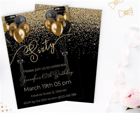 Black And Gold 60th Birthday Invitation Gender Neutral Birthday