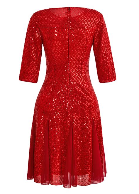 Red Sequin Three Quarter Length Sleeve Dress Modlily USD 54 98