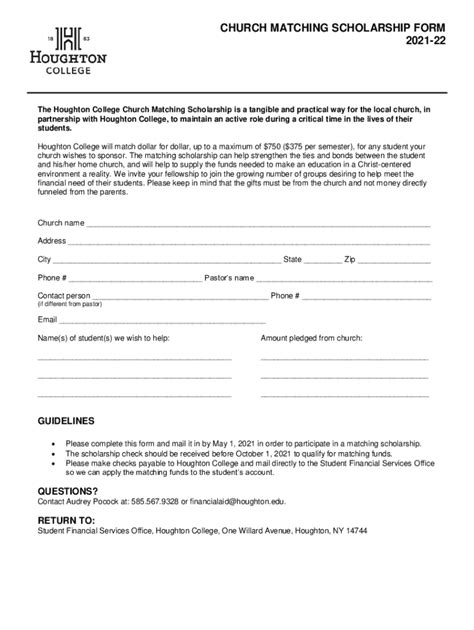 Fillable Online Church Matching Scholarship Form Houghton