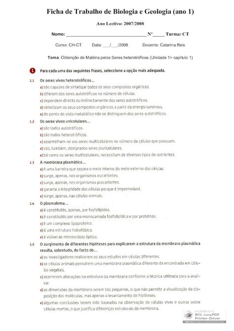 Pdf Ficha De Trabalho De Biologia E Geologia Ano