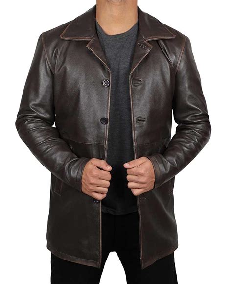 Winchester Distressed Brown Mens Leather Car Coat Jacket