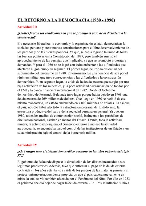 EL Retorno A LA Democracia EL RETORNO A LA DEMOCRACIA 1980 1990