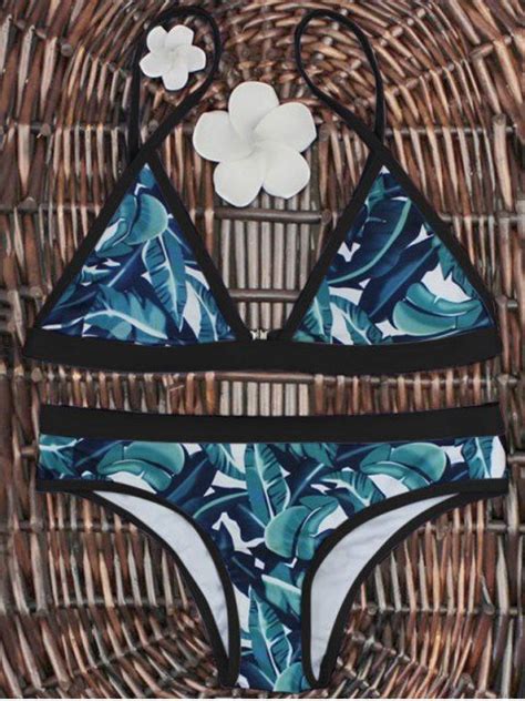 Ensemble De Bikini Bas Levé Imprimé Palmier Feuilles Noir Et Vert