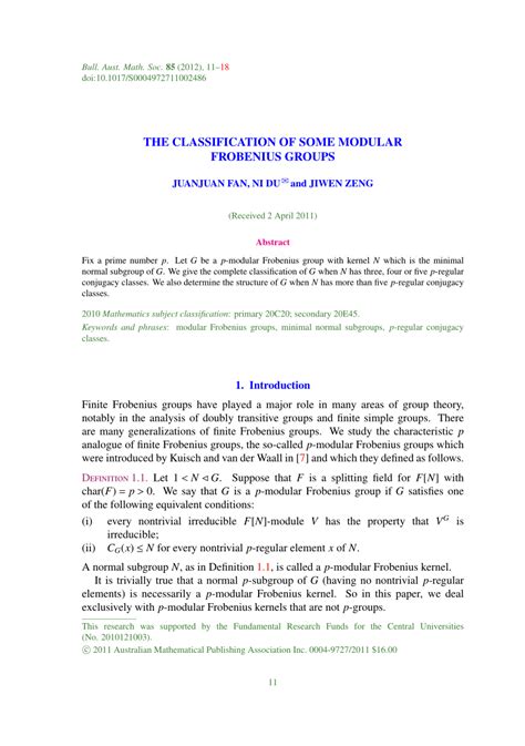 PDF The Classification Of Some Modular Frobenius Groups