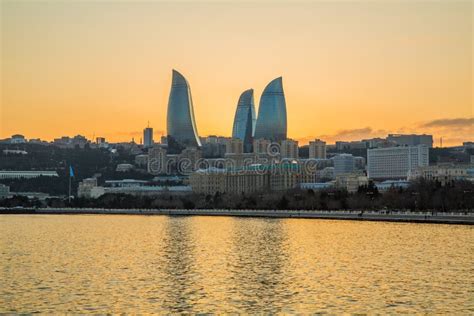 Night View of Baku and the Seaside of the Caspian Sea. Sunset in Baku ...