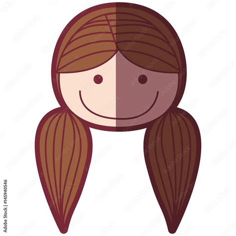 Color Silhouette Shading Cartoon Front Face Woman With Pigtails Hair