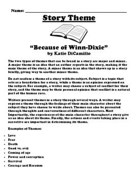 “Because of Winn-Dixie” by Katie DiCamillo THEME WORKSHEET | TPT