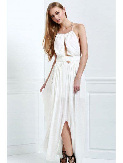 White Halter Deep V Neck Backless Maxi Dress White Maxi Dresses S Zaful