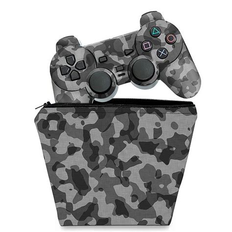 KIT Capa Case E Skin PS2 Controle Camuflada Cinza Pop Arte Skins