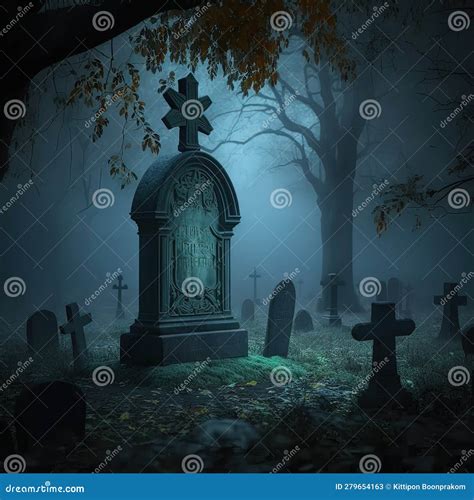 Gravestones in the Cemetery at Night with Fog. Halloween Concept Stock ...