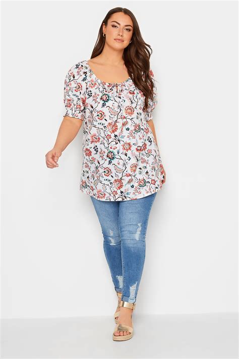 Yours Plus Size White Floral Tie Neck Top Yours Clothing