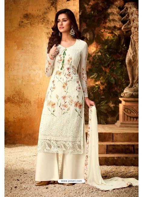 Buy Off White Embroidered Pure Viscos Bemberg Georgette Palazzo Salwar