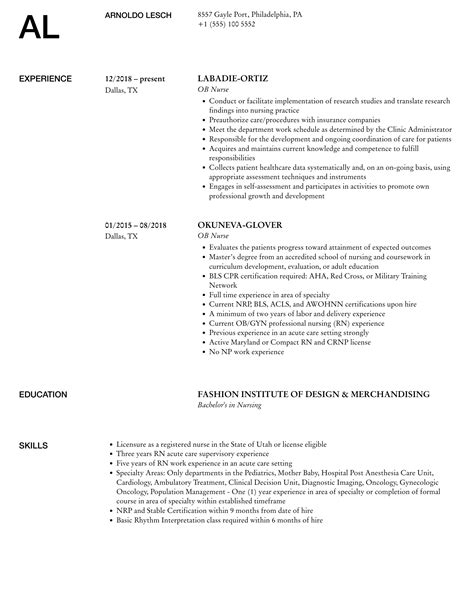 Ob Nurse Resume Samples Velvet Jobs