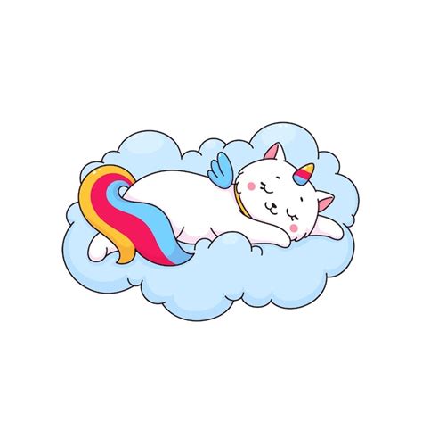 Gato Unicornio Caticorn Durmiendo En Una Nube Suave Y Esponjosa