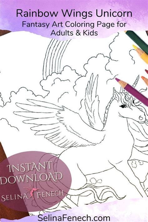 Rainbow Wings Unicorn Sisters Fairy Art Coloring Page Digi Stamp Fantasy Printable Download By